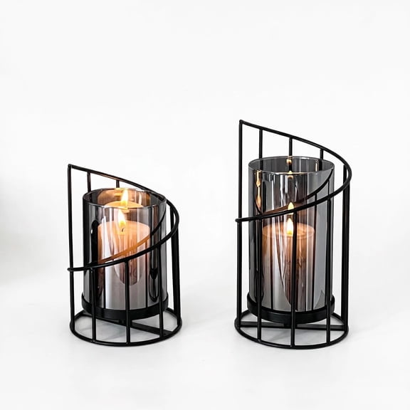 Asoricing 2-Piece Black Metal Candle Holder Set, Geometric Iron Wire Candle Stands for Pillar Candles, Decorative Table Centerpiece for Home, Dining Room, Holiday and Christmas Decor