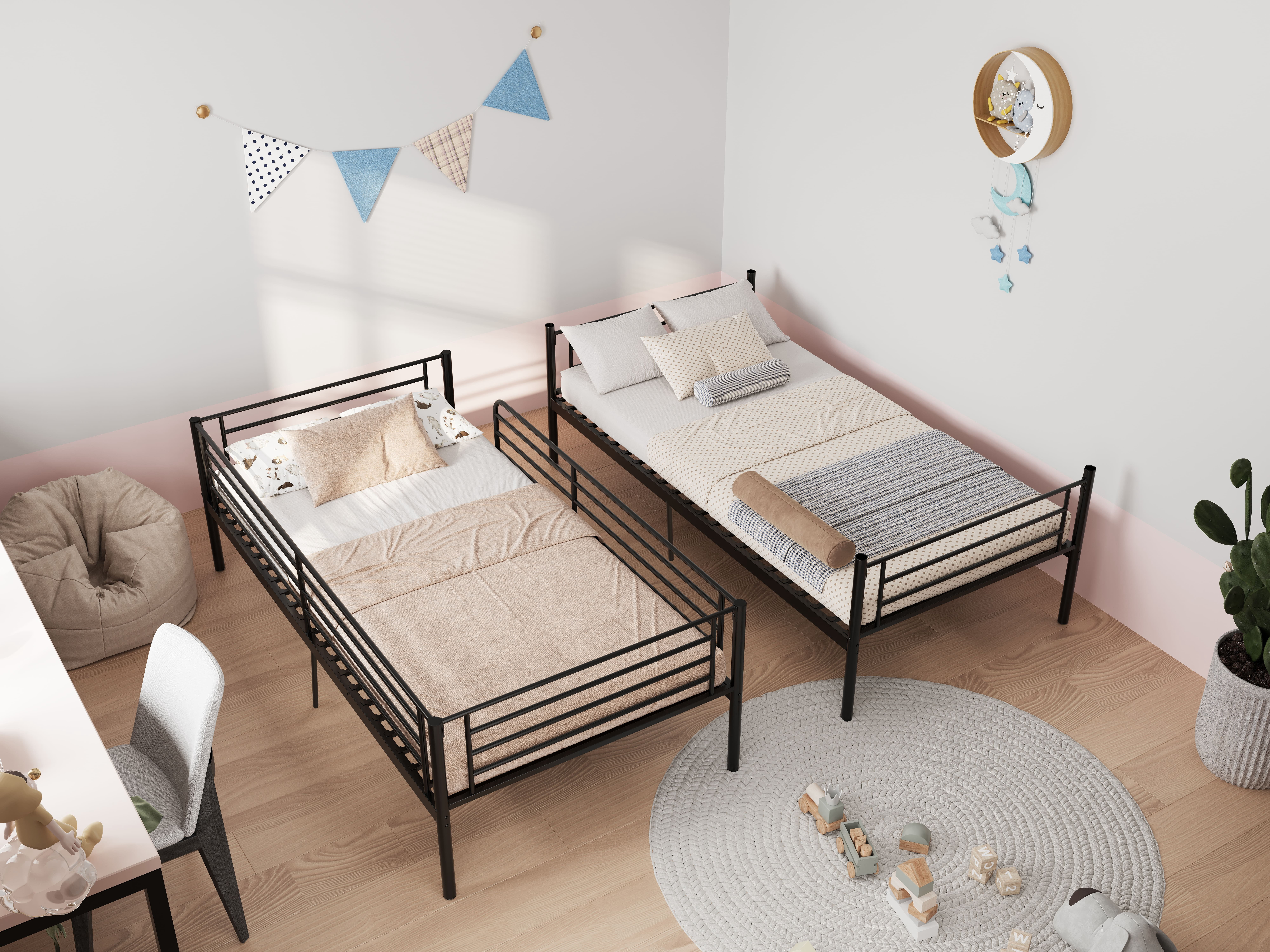 Aisword Twin Over Twin Bunk Bed,Metal Bunk Bed with Built-in Ladder & High Guardrails,Convertible 2 Twin Beds,No Box Spring Needed,Noise-Free,Black