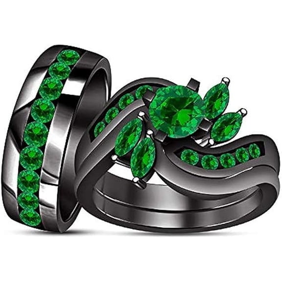 Divine Creation Unisex 925 Sterling Silver 1.25 Ct Round Cut Green Emerald Wedding Engagement Trio Ring Set 14K Black Gold Plated For Men's & Women's -8