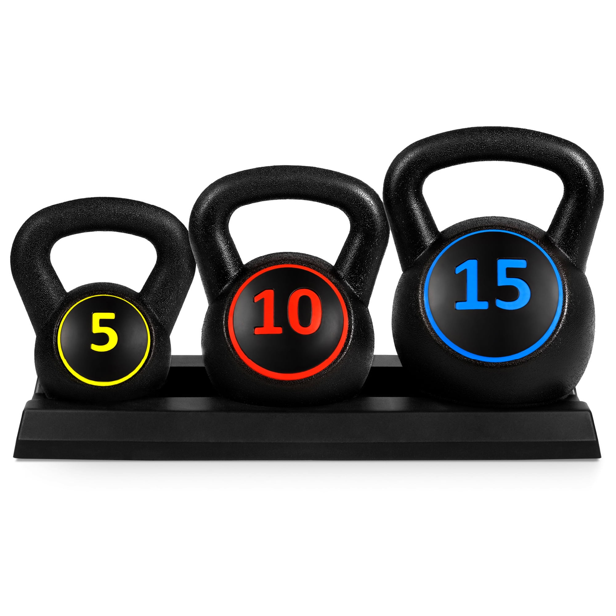 Ezone Kettlebell Set with Storage Rack 3-Piece Exercise Fitness Concrete Weights HDPE Coated Concrete Weights 5LB 15LB 10LB