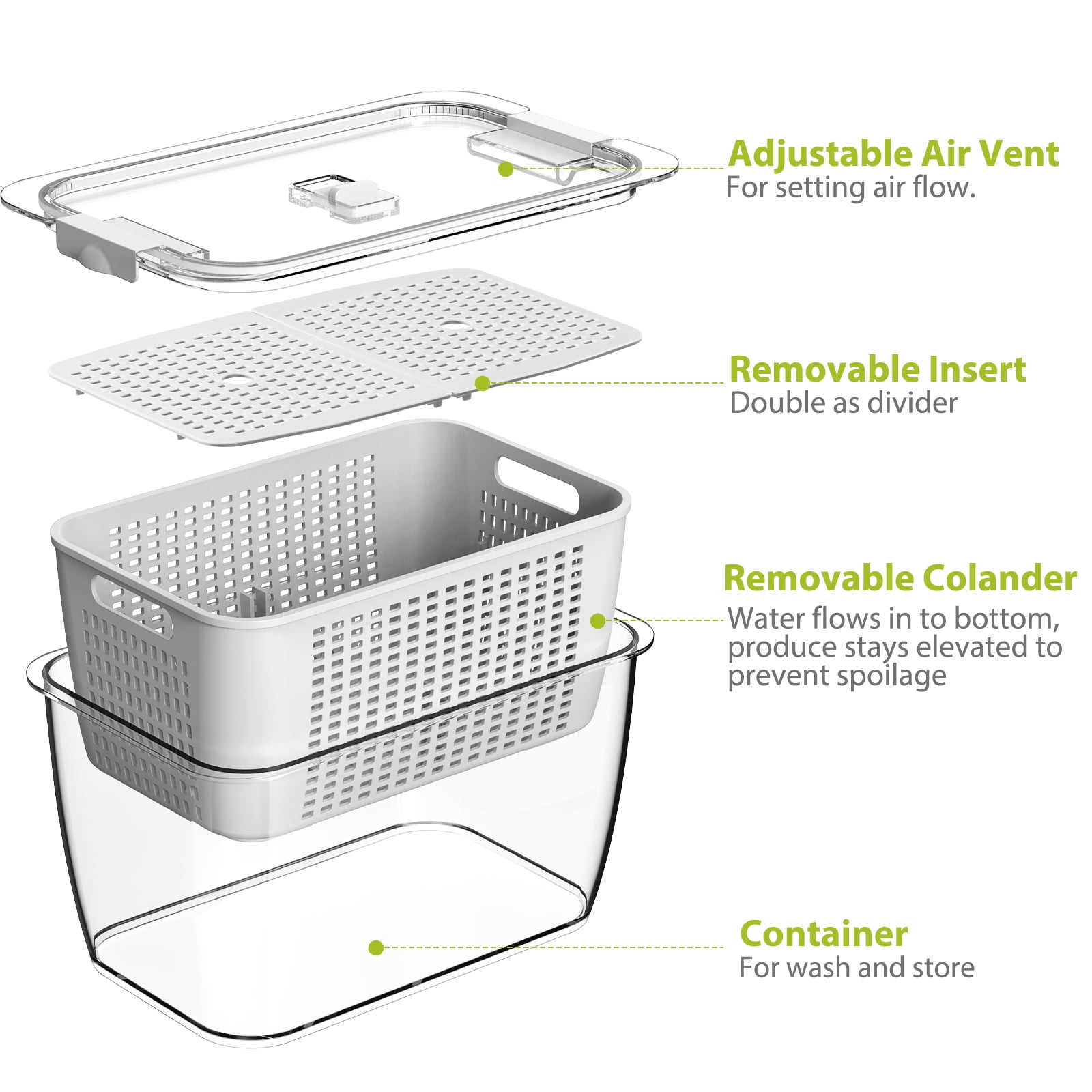 LUXEAR 4 Pack Vegetable Storage Containers for Fridge, Fruit Container with Lids &Removable Colander Large Fridge Organizer BPA-free for Fruit Vegetable, Berry, Meat Storage keep Fresh Longer White