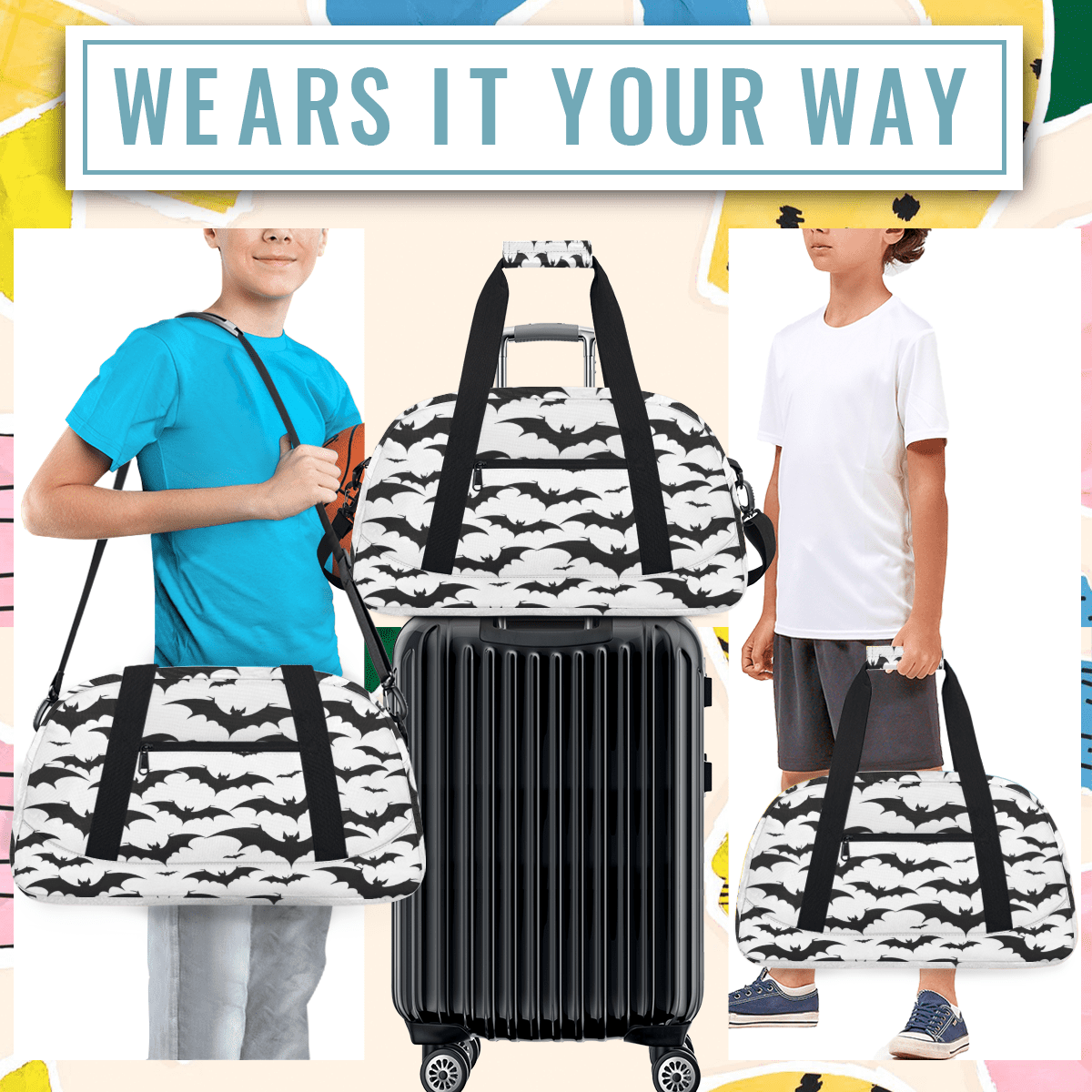 Herdesigns Halloween Bat Sports Duffle Bag for Women & Men, Black and White Bat Gym Bag Dance Bag Overnight Bag Carry On Weekender Travel Bag