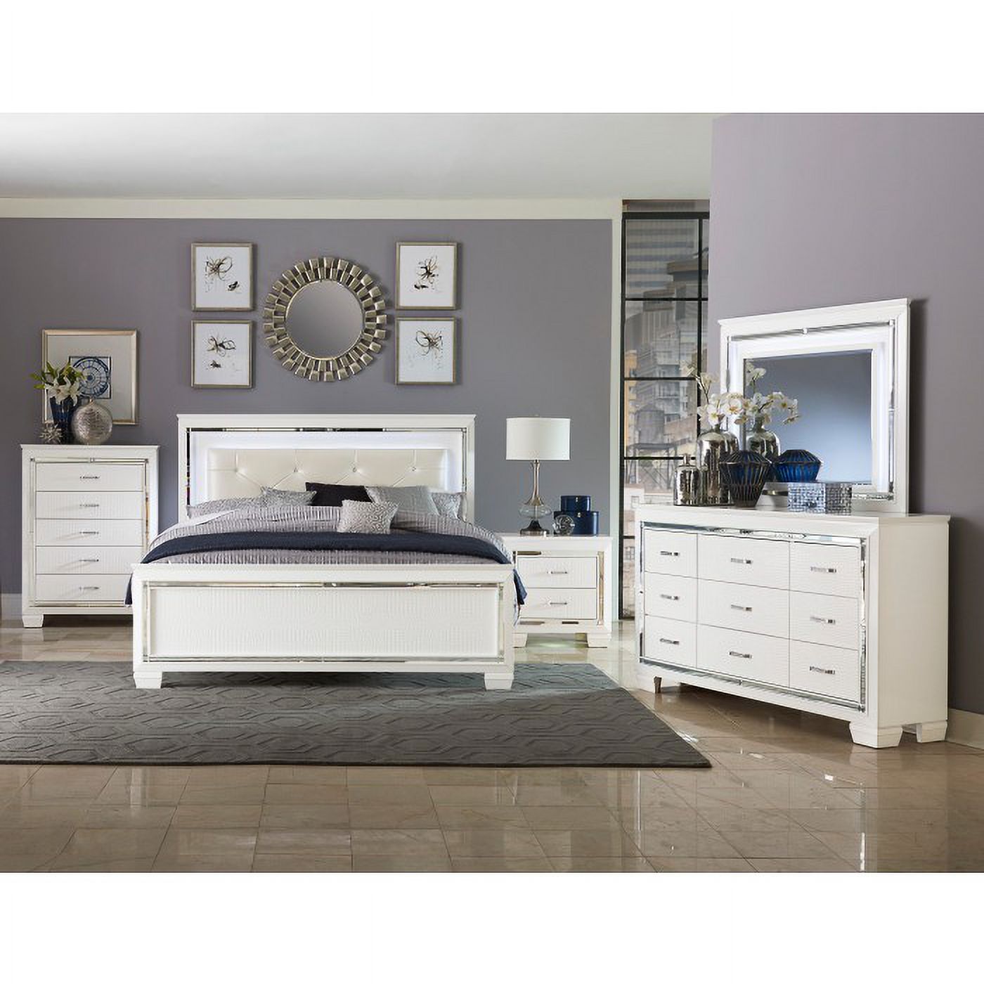 Allura Collection Glamorous White Nightstand with Beveled Mirror Accent, Alligator Embossing, and Crystal-Enhanced Hardware