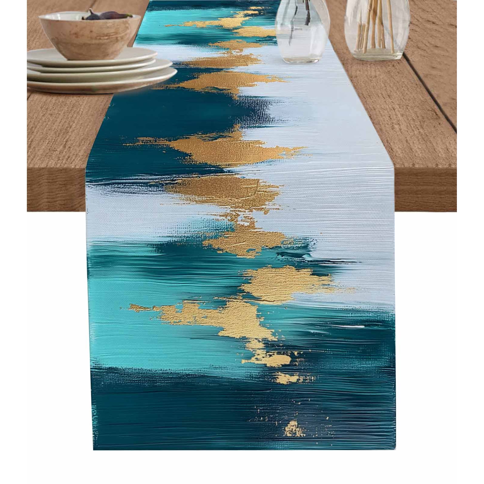 Boanket Teal Blue Table Runner - 108 Inch Long Kitchen Dining Table Runner Dresser Scarves Yellow Abstract Art Modern Farmhouse Decor for Coffee Tables Wedding Party Banquet