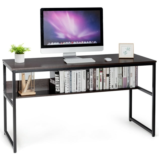 Costway Escritorio de Ordenador con Estructura de Metal, Mesa de Estudio con Estante de Almacenamiento y Patas Ajustables, Escritorio de Trabajo para Casa, Oficina, Marrón