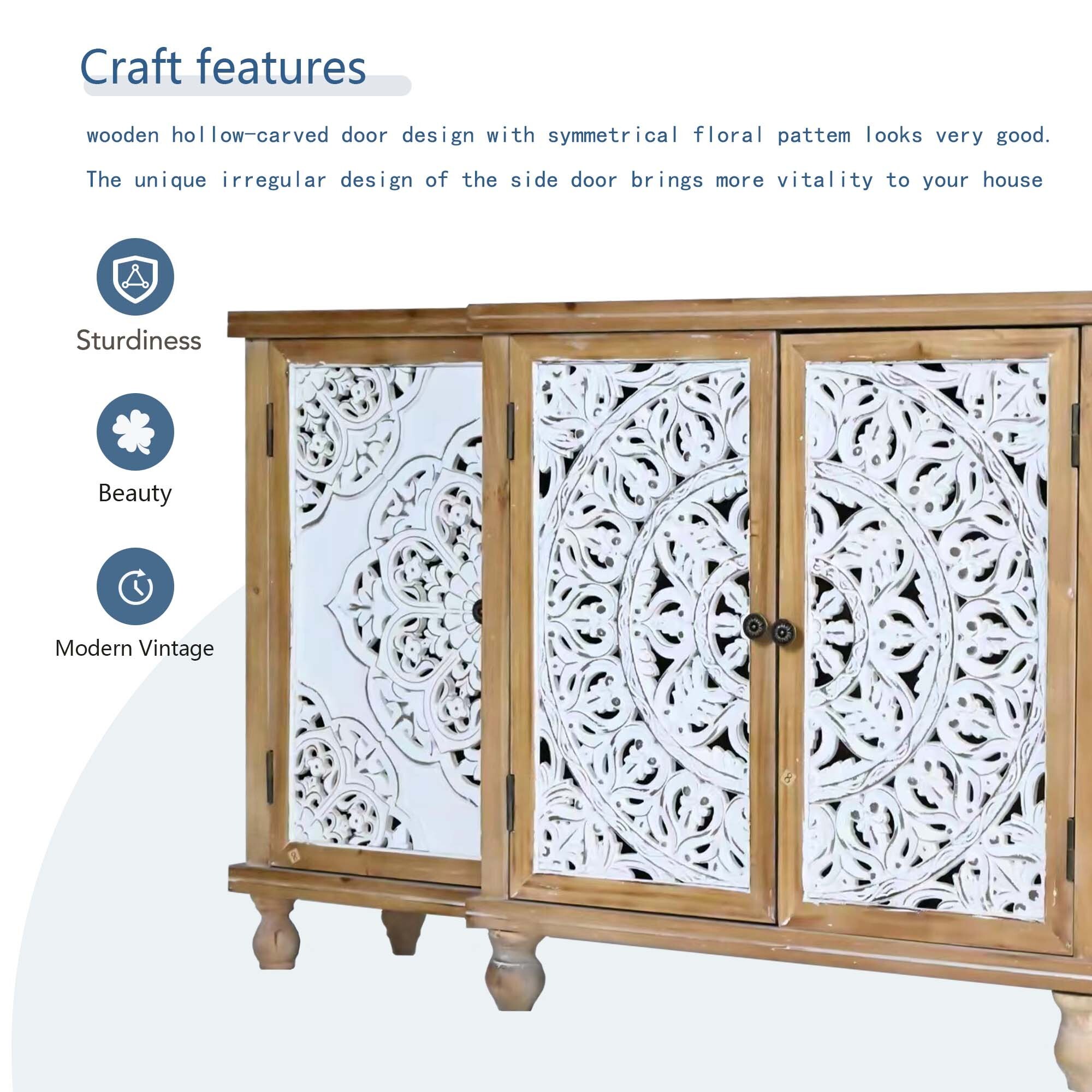 AENKYO Vintage Distressed Accent Cabinet Sideboard Buffet with Handmade Carved Doors and Adjustable Shelves, Natural