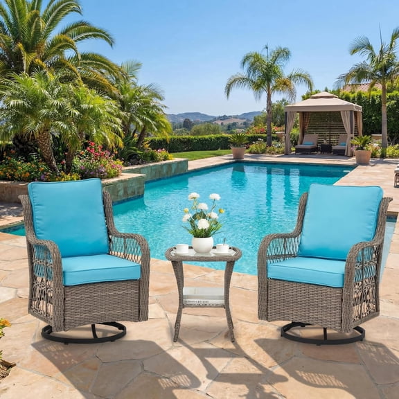 3 Piece Patio Bistro Set, Outdoor Patio Furniture Set with 360° Swivel Glider Chairs, PE Rattan Wicker, Thick Cushions and Tempered Glass Table for Porch Balcony Backyard Deck, Light Blue