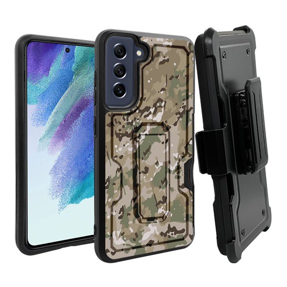 ANJ  Rugged Dual Layer Shockproof Holster Case w/Card Slot   Tempered Glass Cover for Samsung Galaxy S21 FE 5G - Green Battle Camo