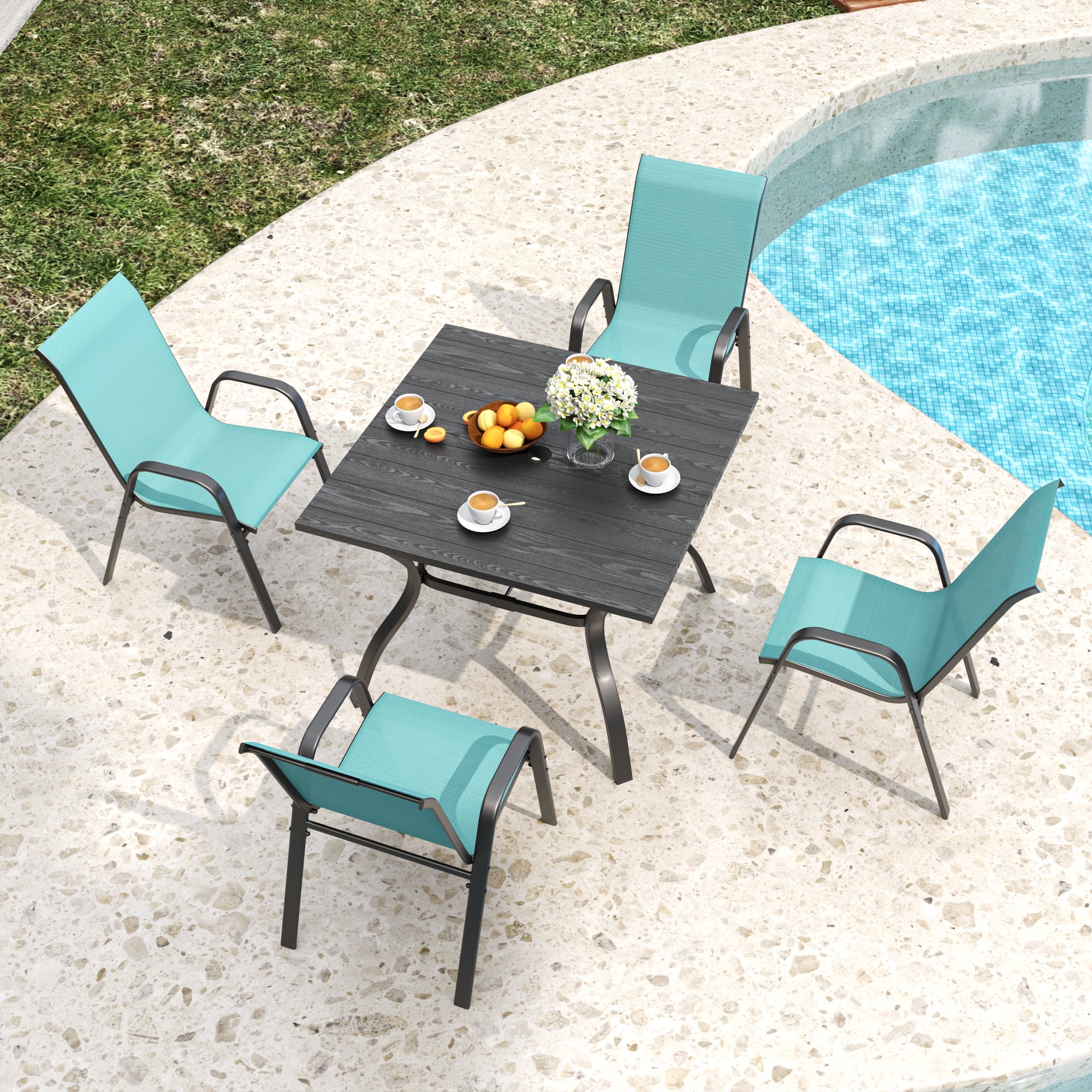 Leumius 4pcs Patio Dining Chairs with Armrest,Textilene Outdoor Dining Chair for All Weather,Stackable Armrest Chairs for Backyard,Deck,Garden,Sky Blue