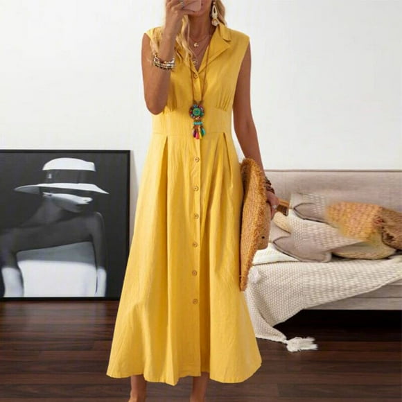 zanvin Summer Dresses 2023, Mode de Dégagement Women Automne Solide Causal Revers Col Sans Manches Bouton de Vacances Dress