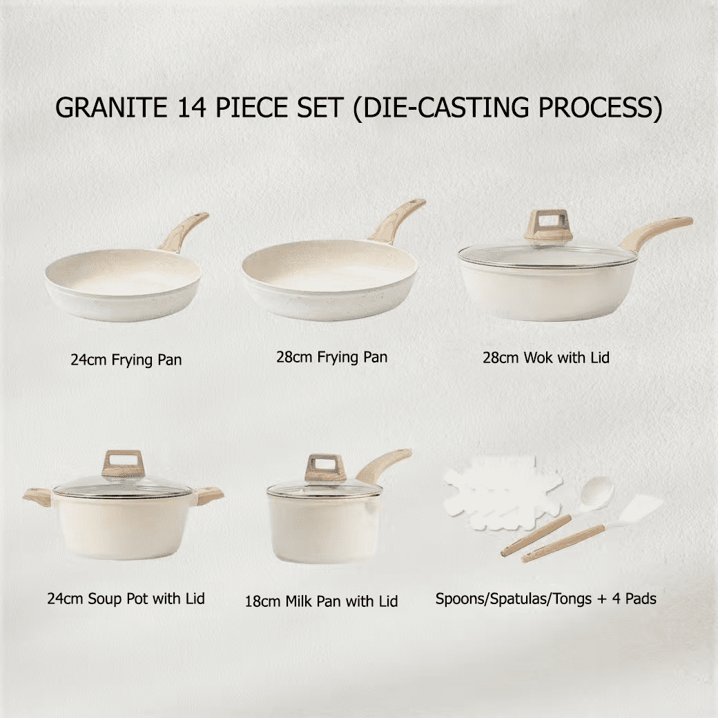Jozram Nonstick Pots and Pans Set, 14 Pieces Kitchen Cookware Sets Compatible for All Stoves, Cookware Set for RV and Camping, White Granite
