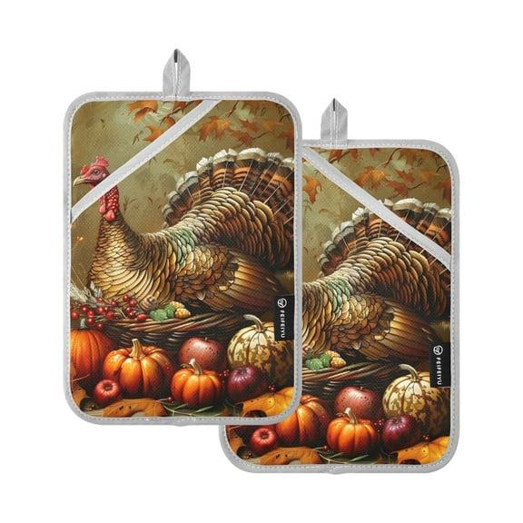 Thanksgiving Day Turkey Leaves Pumpkins Potholders Heat Resistant Pot Holder Set of 2 Oven Hot Pads with Pocket