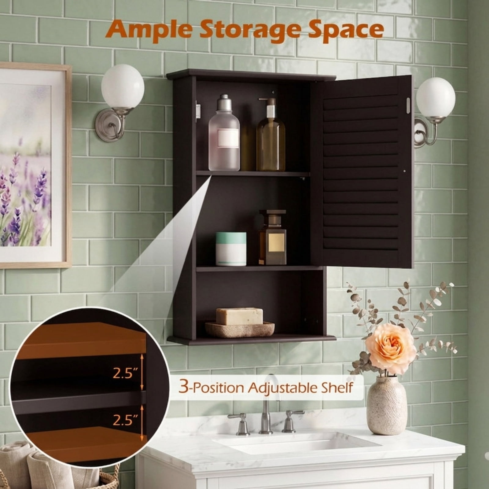 Vebreda Wall Mount Bathroom Storage Cabinet with Louvered Single Door and Adjustable Shelf for Small Bathroom Laundry Room Organizer, Brown