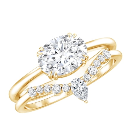 Rosec Jewels Lab Grown Diamond Wedding Ring Set - Oval Engagement Ring with Curved Band - EF-VS Quality 10K Yellow Gold US 5.00