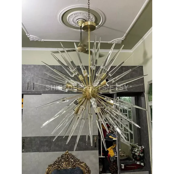 MH Overseas 1950's Mid Century Murano Glass White Cube Sputnik Pendant Light, Handmade Italian Ceiling Fixture