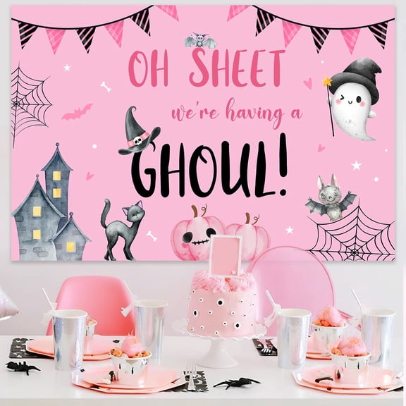 Halloween Rose Pink Baby Shower Background Cloth Vinyl Backdrop 150x100cm with Corner Grommets and 6m White Ribbon for Party Entryway Photo Wall Decoration Indoor Outdoor Celebration