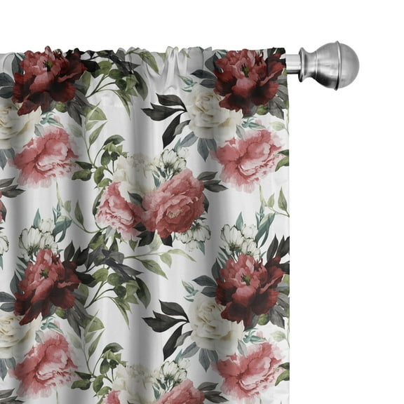 Ambesonne Country Window Curtains, Watercolor Pink Roses, Each 28" W x 63" L, Dark Coral Maroon