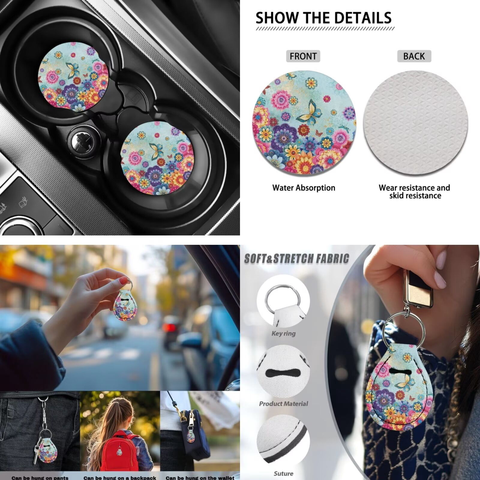 Garronmavis Dahlia Butterfly Fall Car Front Rear Bench Seat Protector Covers 13 Pieces Set, Seatbelt Pads, Steering Wheel Cover, Auto Coasters, Keychain, Key Ring Chapstick Holder,Console Cover