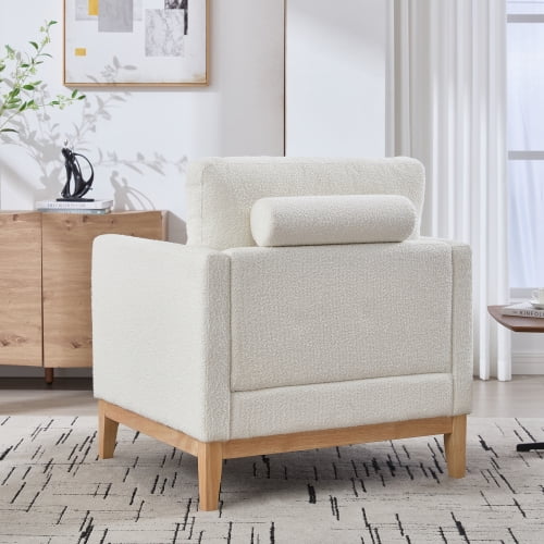 35.4 "Wide Modern Farmhouse Performance Accent Chair with Natural Wood Legs, Wood Base Reading Armchair Single Sofa with Two Bolster Pillows for Living Room offices and Lounge, Ivory Boucle.