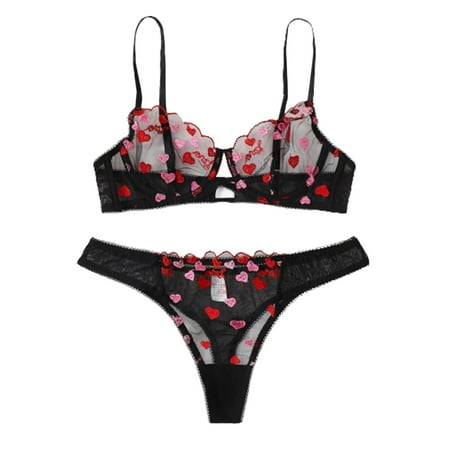

Lajitongtong Women 2Pcs Underwear Set Heart Embroidery Mesh Perspective Bra Briefs Lingerie Suit
