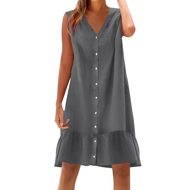Dvprdro Robe d'Été Imitation Coton Lin pour Femmes Mode Décontractée Ample Couleur Unie Col en V Sans Manches Boutonnée Ourlet à Volants Robe de Plage Soleil