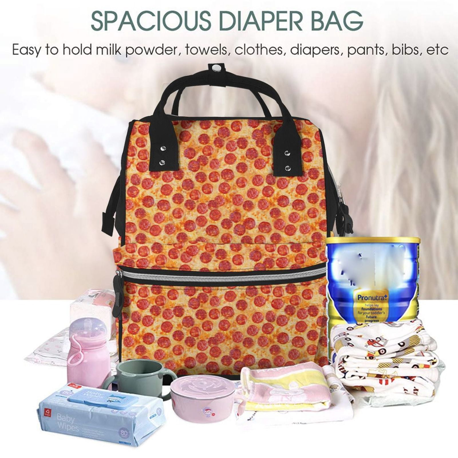 Ratiio Pizza Mummy Backpack - Waterproof Twill Canvas, Large Capacity Diaper Bag with Multiple Pockets and Adjustable Straps