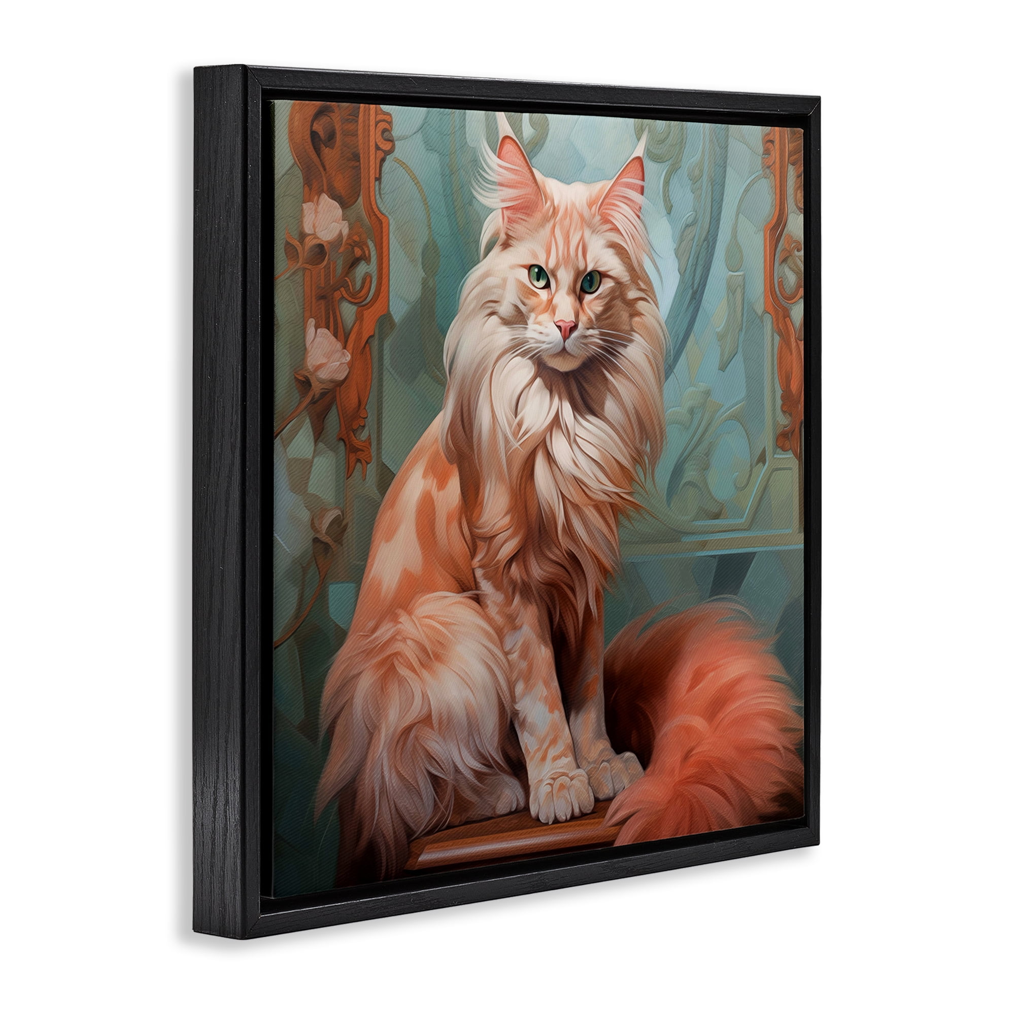 Stupell Industries Cat Nouveau Portrait Animals Painting Black Floater Framed Canvas Art Print Wall Art, 25 x 25