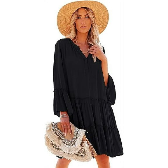 Cizayoi Women's Summer Ruffled Dress Button V Neck Casual Loose Shift Dresses