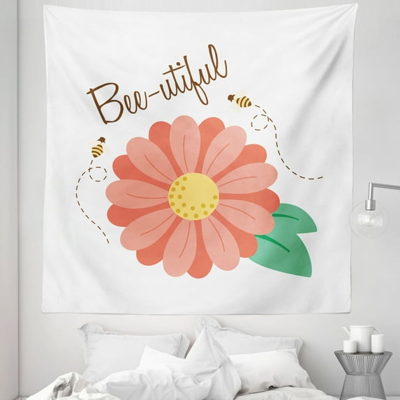Honey Bee Tapestry, Bee-utiful Humorous Composition with a Close up Flower, Fabric Wall Hanging Decor for Bedroom Living Room Dorm, 5 Sizes, Burnt Sienna Mustard, by Ambesonne