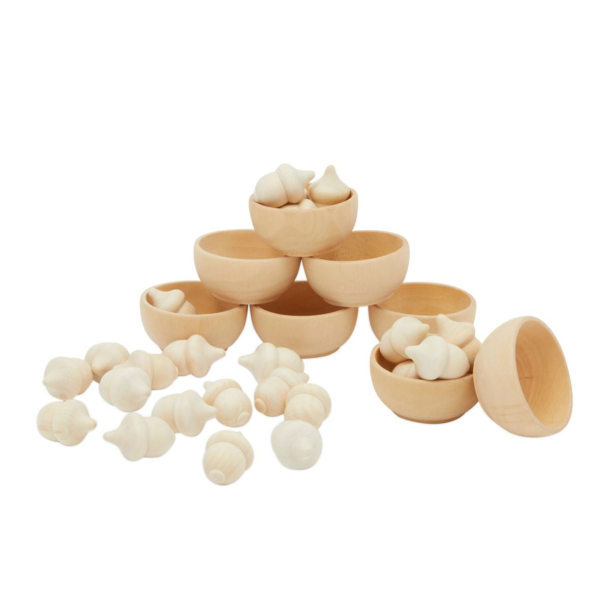Wooden Acorns Counting & Sorting Kit Unfinished Wood Set of 20 Acorns and 6 Bowls 