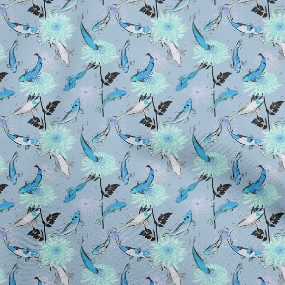 oneOoneCottonFlexSkyBlueFabricAsianJapaneseKoiFishWithFloralFabricForSewingPrintedCraftFabricByTheYard40InchWide
