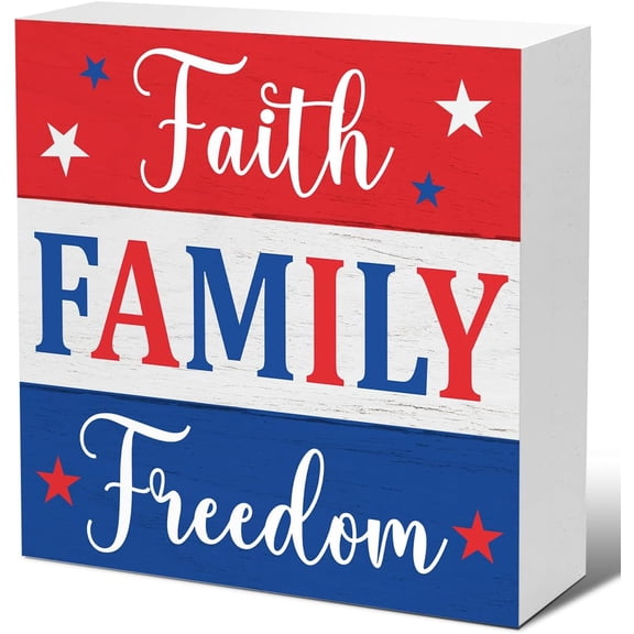 Zomyto 5x5 In 4th of July Independence Day Wood Decor,Farmhouse Faith Family Freedom Wooden Box Sign