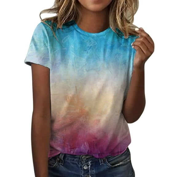 Ukumplol Graphic Tees for Women Short Sleeve Shirts for Women Womens Casual Fashion Printed Pattern Short Sleeve Round Neck Tshirt Top Womens Summer Tops Blue L