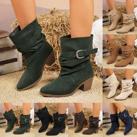 Pandaie Slouchy Ankle Boots for Womens Cowboy Pointed Toe Low Heel Buckle Strap Classic Cowgirl Fall Booties Size 6-9.5