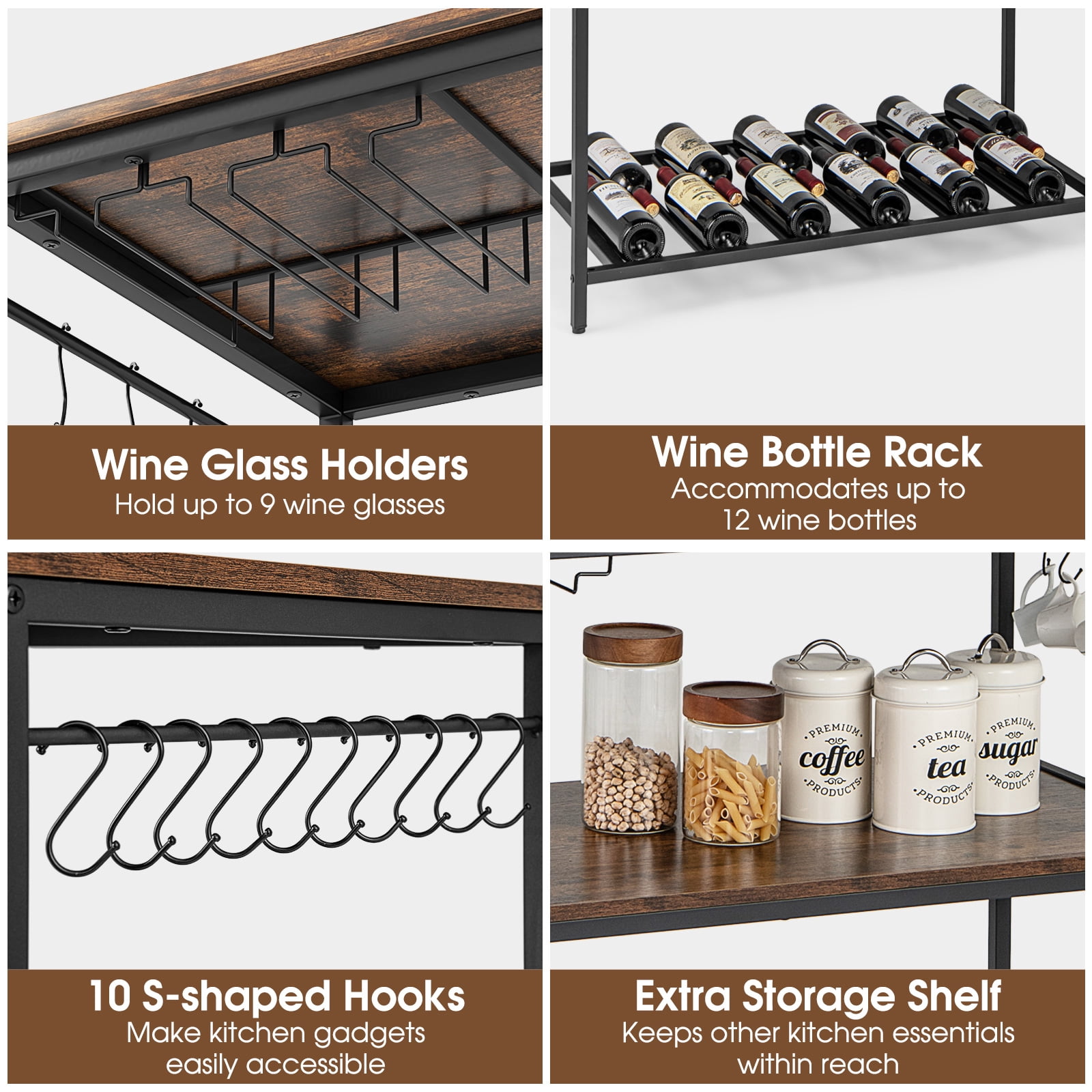 Topcobe 3 Shelves Kitchen Island Industrial Prep Table with Bottom Wine Rack, Basics Kitchen Storage Rack, Rustic Brown
