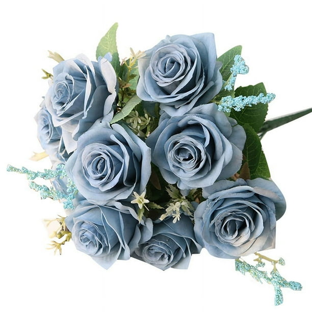 Flores de Rosas Azules Artificiales Ramo de Flores de Seda Flores Artificiales DecoracióN del JardíN del Hogar Rosas de Boda Azul