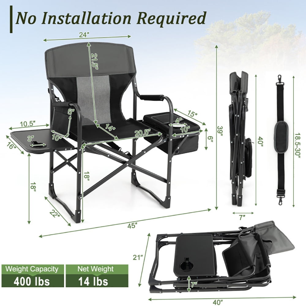 Aimee Lii Folding Camping Directors Chair with Cooler Bag and Side Table, Portable Chairs for Adults, Comfy Outdoor Chair, Black
