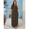 thumbnail image 3 of SHOWMALL Women's Plus Size Short Sleeve Maxi Dress, Classic Leopard Brown 5X Side Slit Rounded Hem Long T-Shirt Dress with Pockets for Vacation & Casual Wear, 3 of 7