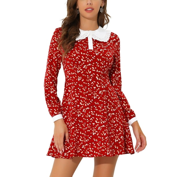 Vestido de manga larga con cuello Peter Pan en contraste floral, por encima de la rodilla, M rojo para mujeres Inspire Chic