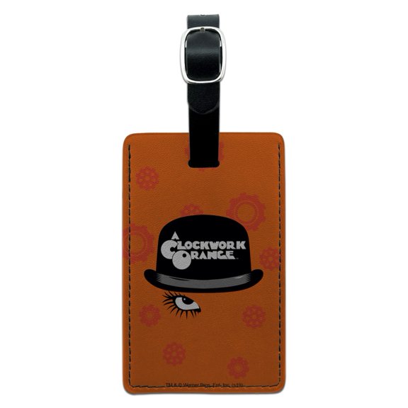 A Clockwork Orange Hat and Logo Rectangle Leather Luggage Card Suitcase Carry-On ID Tag