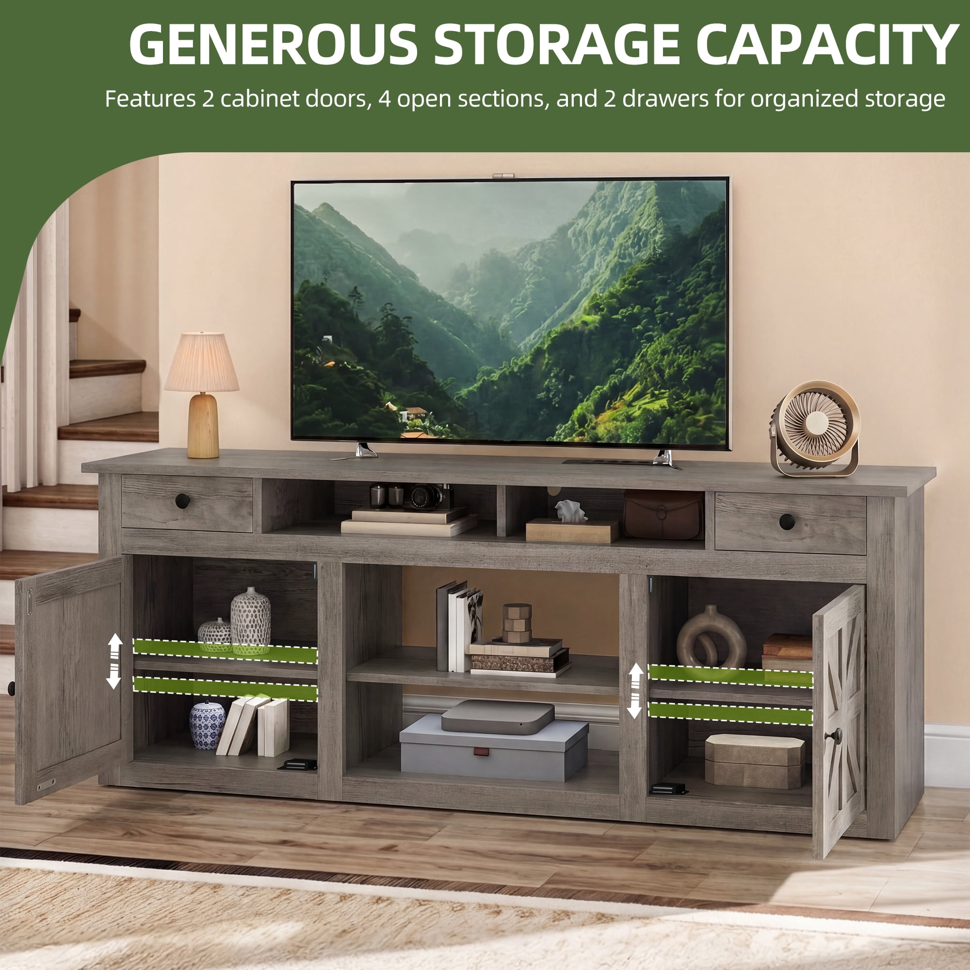 Uforic 70 Inch Modern Farmhouse TV Stand for 75/80 Inch TV with Built-in Power Outlets, 2 Cabinets & Open Compartments for Living Room, Gray