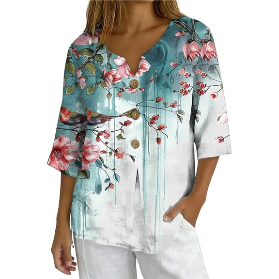 Linen Blouses for Women Summer V Neck 3/4 Sleeve T Shirts Vintage Floral Print Blouse Button up Tops Dressy Casual Vacation Outfits