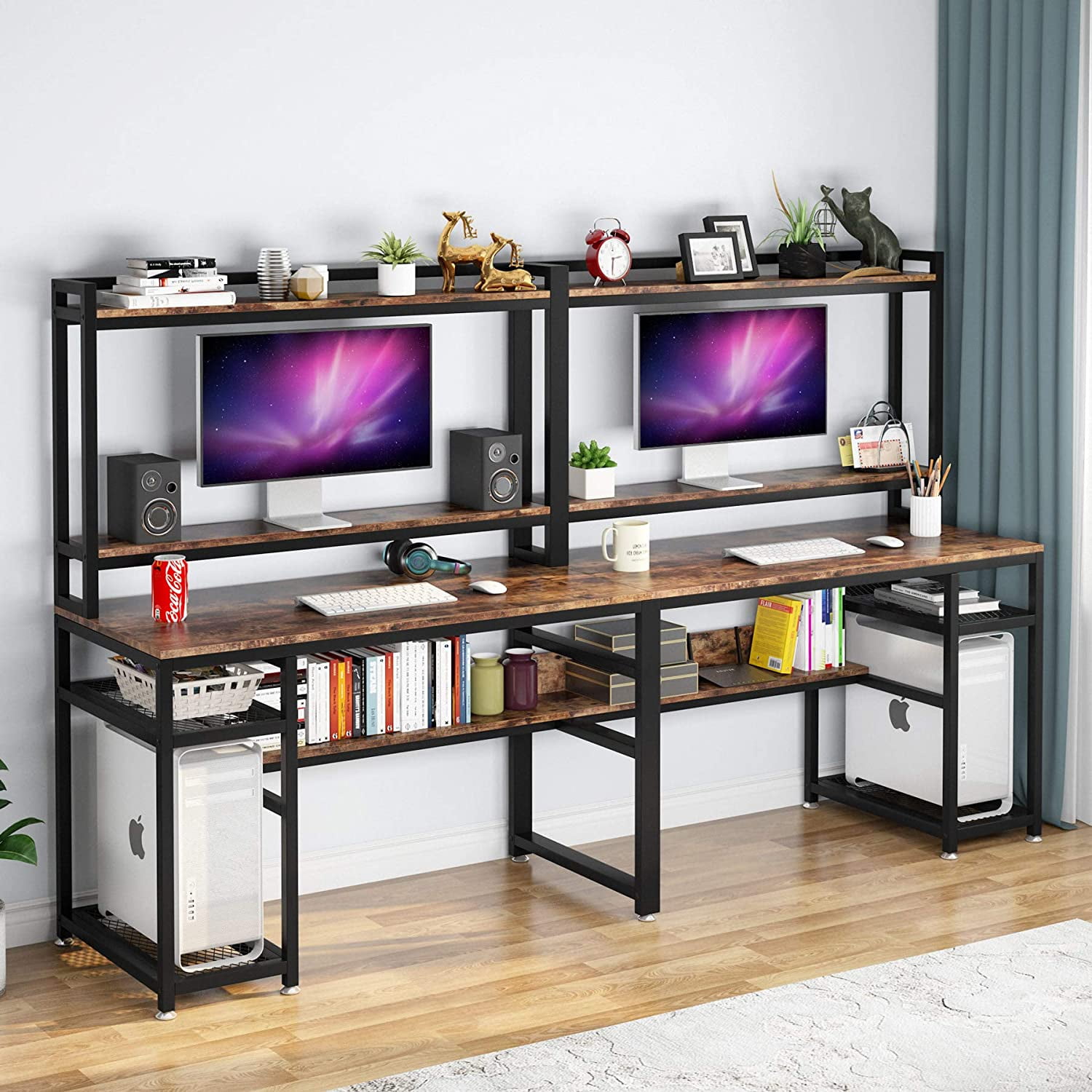 Tribesigns 94.5 inch Two Person Desk with Storage Shelves, Double Computer Office Desk with Splice Board, Extra Long Desk Study Writing Table.