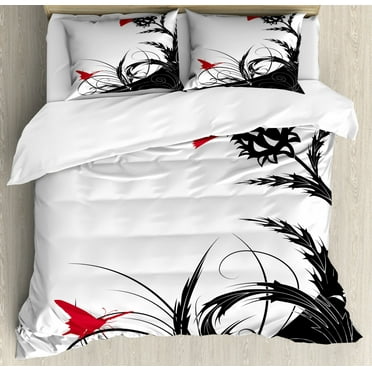 Thistle Queen Size Duvet Cover Set, Abstract Floral Background with Thistle Flowers and Butterfly Motifs, Decorative 3 Piece Bedding Set with 2 Pillow Shams, Vermilion White and Black, by Ambesonne