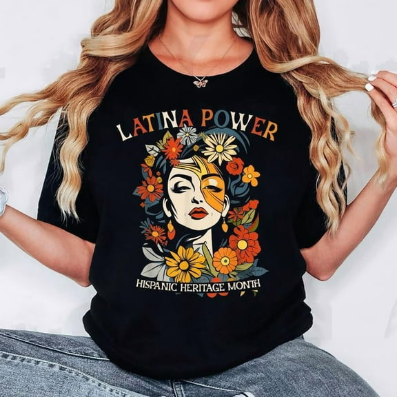 Latina Power Graphic Tee T Shirt Top Hispanic Heritage Flowers Design Short Sleeve Crew Neck Black S-5XL