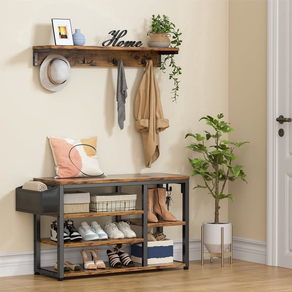 Noelse Hall Tree with Bench, 4 in 1 Coat Rack Set, Industrial Bench with 4 Hooks, 5 Storage Shoe Cubbies, for Entryway, Hallway, Rustic Brown