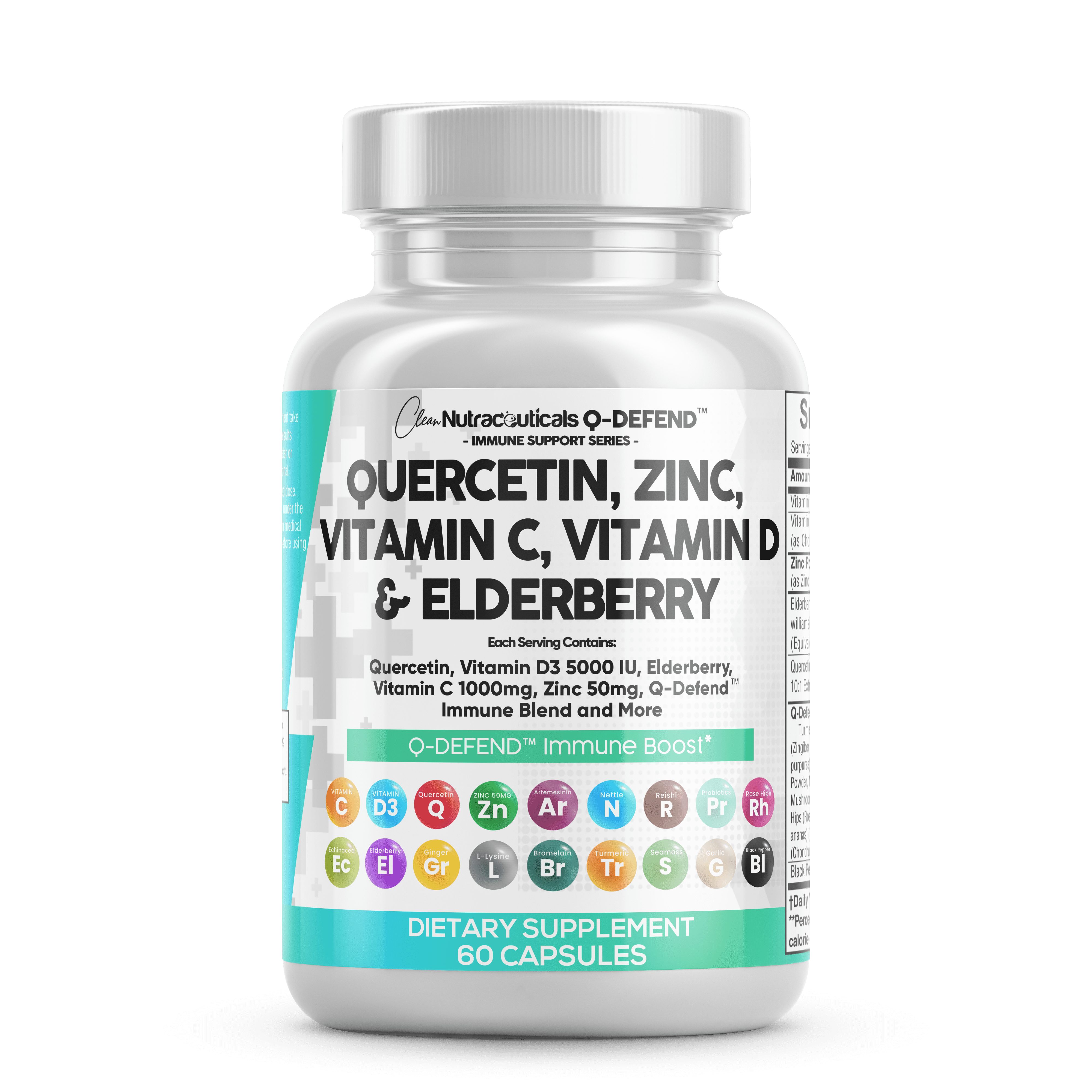 Q Defend Quercetin Supplement with Zinc Vitamin C Vitamin D Elderberry Turmeric Black Pepper Garlic Ginger Sea Moss Lysine Stinging Nettle Reishi Mushroom Immune Support 60 Capsules by Clean Nutra