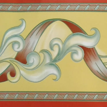 Dundee Deco Peel and Stick Self Adhesive Wallpaper Border - Abstract Red Stripe Greenish Vines, 33 ft x 4 in