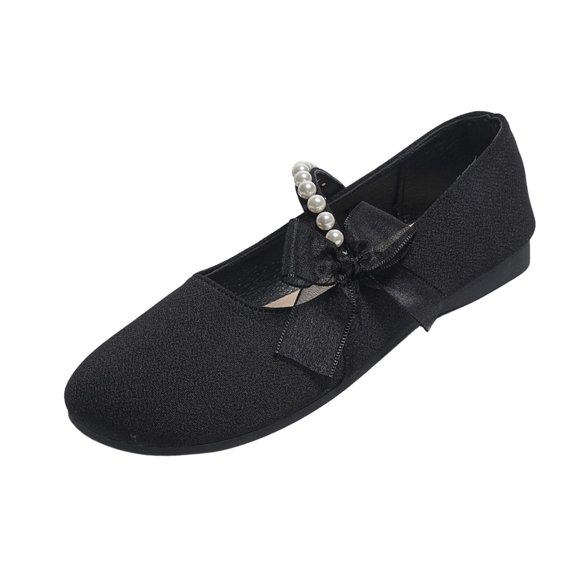 SuTry Women's Round Toe Flats Pearl Diagonal Strap Bow Decor Slip On Lightweight Comfortable Casual Walking Shoes(39)