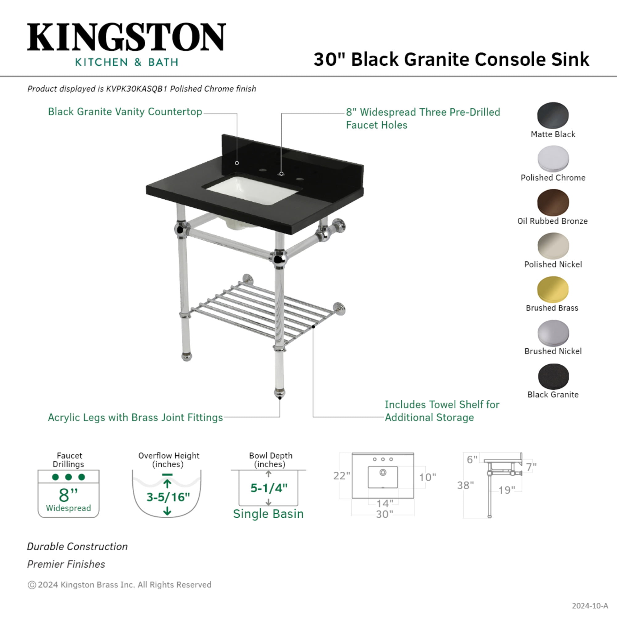 Kingston Brass KVPK30KASQB1 Templeton 30" Black Granite Console Sink with Acrylic Legs and Shelf (8-Inch, 3-Hole), Black Granite/Polished Chrome